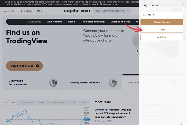 Hướng dẫn chi tiết cách nạp tiền vào tài khoản chứng khoán nền tảng Capital.com trên máy tính 1